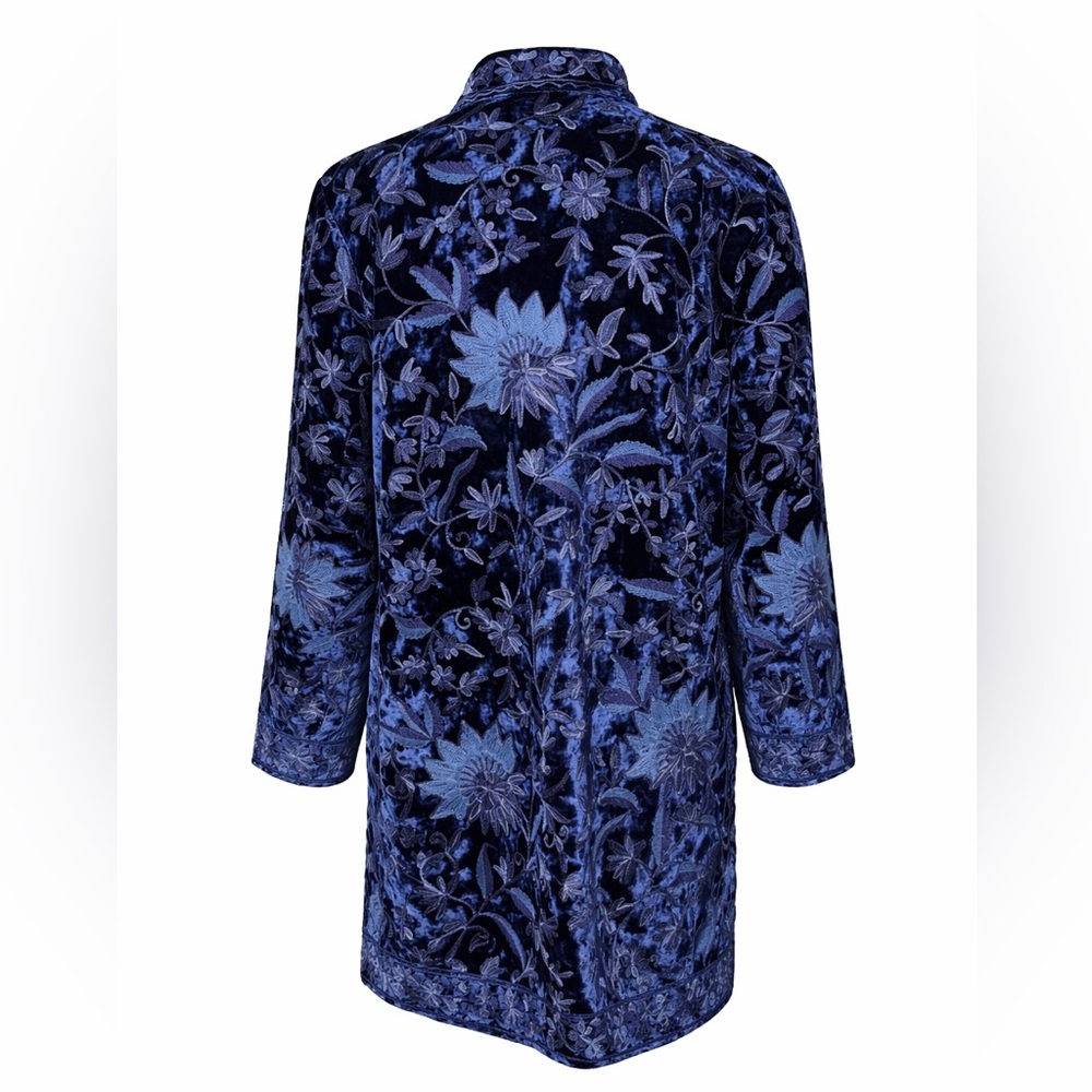 Soft Surroundings Navy Blue Velvet Embroidered Trench Coat - Picture 2 of 16